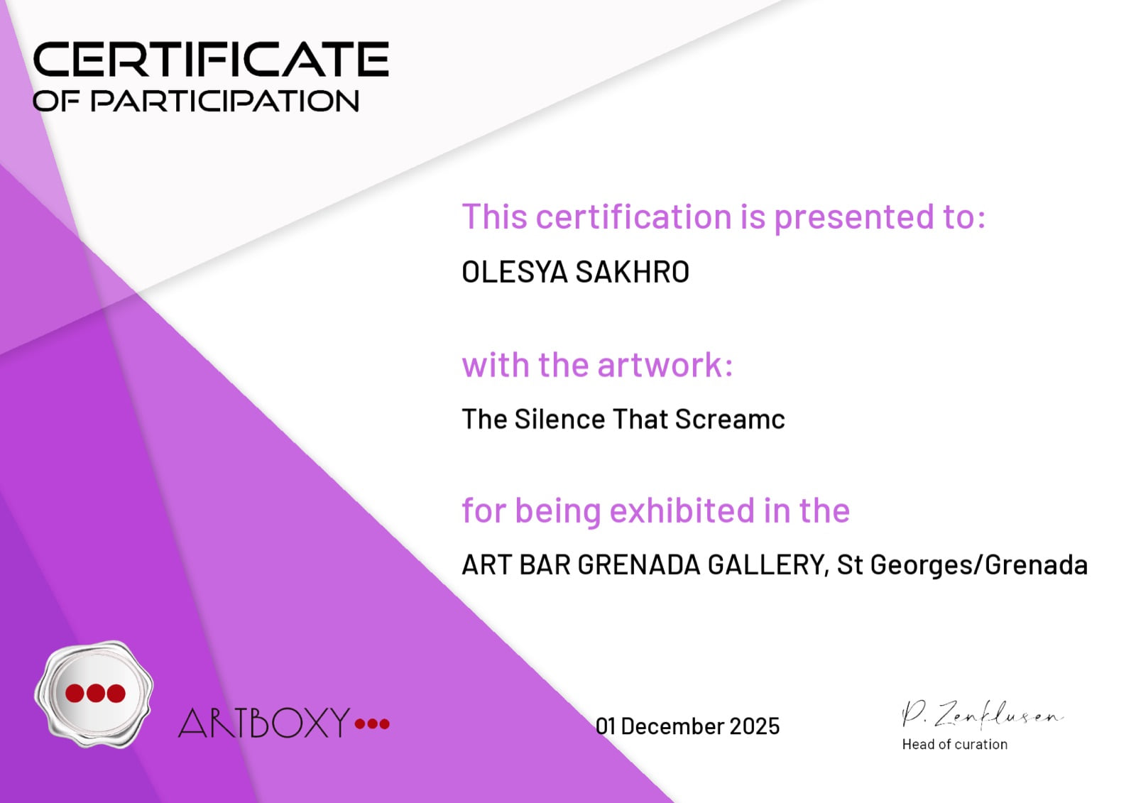 Сертифікат участі ARTBOXY — ART BAR GRENADA GALLERY, Сент-Джорджес, «Тиша, що кричить», 1 грудня 2025